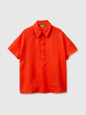 Benetton, 100% Linen Short-sleeved Blouse, Size: XS, Red Coral, Women United Colors of Benetton