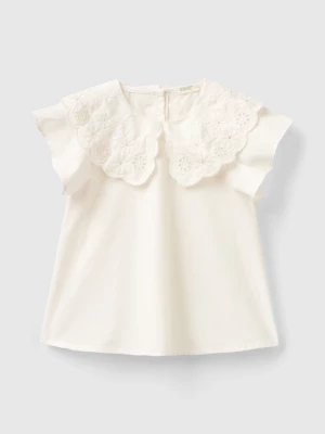 Benetton, Blouse With Embroidered Collar, size 110, Creamy White, Kids United Colors of Benetton