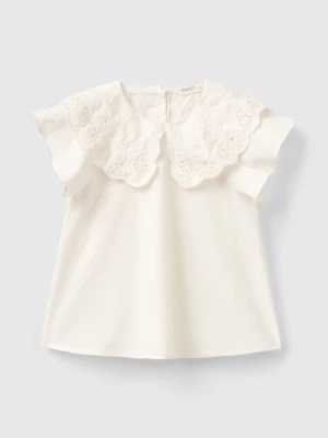 Benetton, Blouse With Embroidered Collar, size 82, Creamy White, Kids United Colors of Benetton