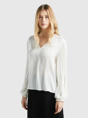 Benetton, Blouse With Long Pleated Sleeves, size L, Creamy White, Women United Colors of Benetton
