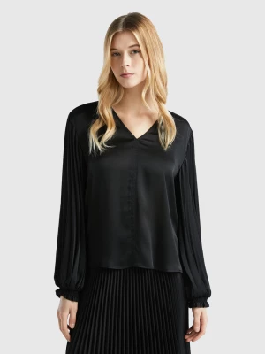 Benetton, Blouse With Long Pleated Sleeves, size S, Black, Women United Colors of Benetton