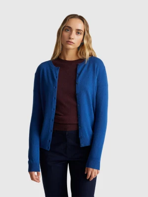 Benetton, Blue Crew Neck Cardigan In Pure Merino Wool, Size: XXS, Blue, Women United Colors of Benetton