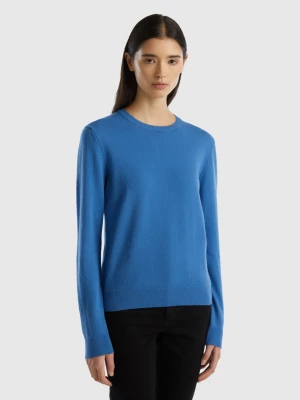 Benetton, Blue Crew Neck Sweater In Merino Wool, size XL, Blue, Women United Colors of Benetton