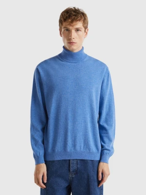 Benetton, Blue Mélange Turtleneck In Pure Merino Wool, Size: XS, Blue, Men United Colors of Benetton