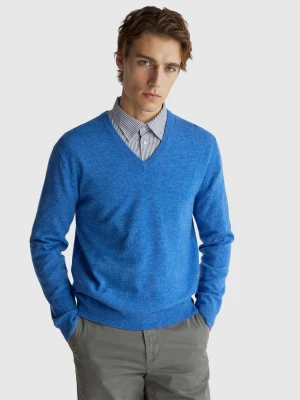 Benetton, Blue Mélange V-neck Sweater In Pure Merino Wool, Size: XS, Blue, Men United Colors of Benetton