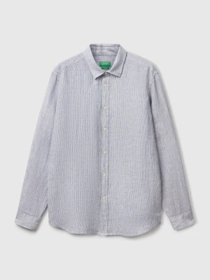 Benetton, Blue Patterned Shirt In Pure Linen, Size: XS, Bright Blue, Men United Colors of Benetton