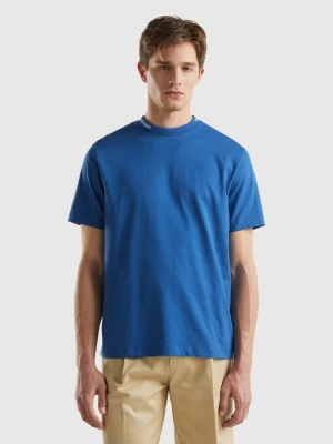 Benetton, Blue T-shirt With Embroidery On The Neck, size S, Blue, Men United Colors of Benetton
