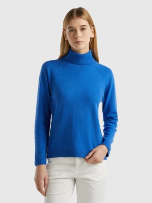 Benetton, Blue Turtleneck Sweater In Cashmere And Wool Blend, size L, Blue, Women United Colors of Benetton
