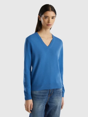 Benetton, Blue V-neck Sweater In Pure Merino Wool, size M, Blue, Women United Colors of Benetton