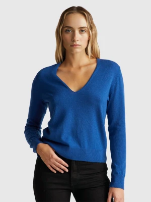 Benetton, Blue V-neck Sweater In Pure Merino Wool, Size: XXS, Blue, Women United Colors of Benetton