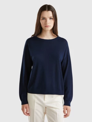 Benetton, Boat Neck Sweater In Pure Merino Wool, size L, Dark Blue, Women United Colors of Benetton