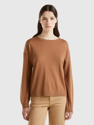 Benetton, Boat Neck Sweater In Pure Merino Wool, size M, Camel, Women United Colors of Benetton