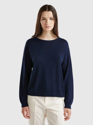 Benetton, Boat Neck Sweater In Pure Merino Wool, size M, Dark Blue, Women United Colors of Benetton