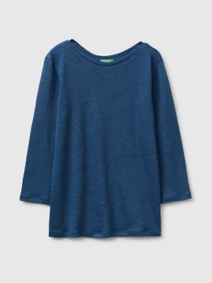 Benetton, Boat-neck T-shirt In Pure Linen, Size: XS, Blue, Women United Colors of Benetton