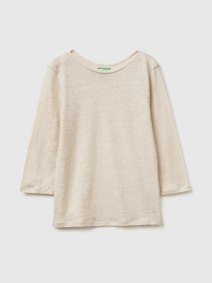 Benetton, Boat-neck T-shirt In Pure Linen, Size: XS, Beige, Women United Colors of Benetton