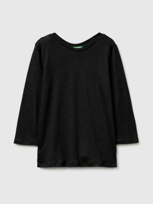Benetton, Boat-neck T-shirt In Pure Linen, Size: XS, Black, Women United Colors of Benetton