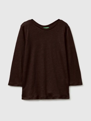 Benetton, Boat-neck T-shirt In Pure Linen, Size: XS, Brown, Women United Colors of Benetton