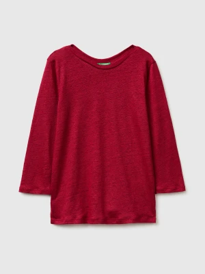 Benetton, Boat-neck T-shirt In Pure Linen, Size: XS, Coral, Women United Colors of Benetton