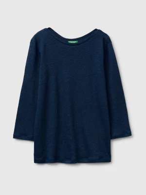 Benetton, Boat-neck T-shirt In Pure Linen, Size: XS, Dark Blue, Women United Colors of Benetton