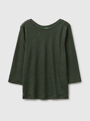 Benetton, Boat-neck T-shirt In Pure Linen, Size: XS, Military Green, Women United Colors of Benetton