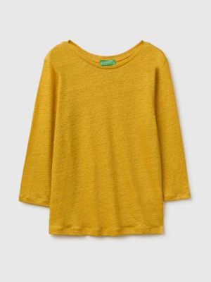 Benetton, Boat-neck T-shirt In Pure Linen, Size: XS, Mustard, Women United Colors of Benetton