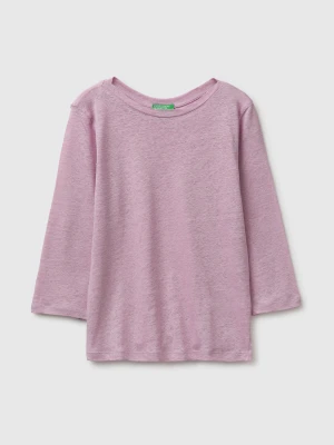 Benetton, Boat-neck T-shirt In Pure Linen, Size: XS, Pink, Women United Colors of Benetton