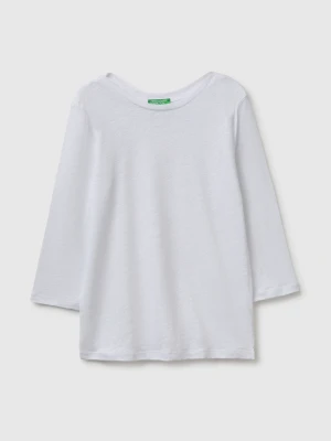 Benetton, Boat-neck T-shirt In Pure Linen, Size: XS, White, Women United Colors of Benetton