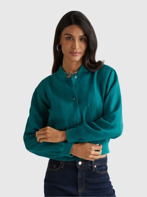 Benetton, Bomber In 100% Linen, Size: M, Dark Green, Women United Colors of Benetton