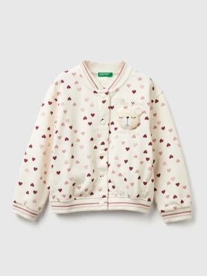 Benetton, Bomber In Sweat Fabric With Heart Print, Size: 116, Creamy White, Kids United Colors of Benetton