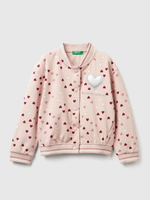 Benetton, Bomber In Sweat Fabric With Heart Print, size 116, Pastel Pink, Kids United Colors of Benetton