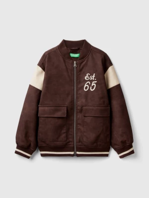 Benetton, Bomber Jacket In Imitation Leather With Embroidery, size 2XL, Brown, Kids United Colors of Benetton