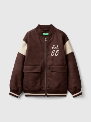 Benetton, Bomber Jacket In Imitation Leather With Embroidery, size M, Brown, Kids United Colors of Benetton