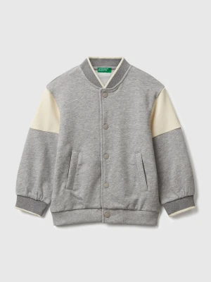 Benetton, Bomber Jacket In Sweat Fabric With Print And Embroidery, Size: 116, Light Gray, Kids United Colors of Benetton