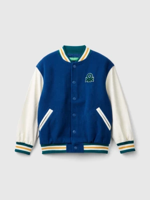 Benetton, Bomber Jacket In Wool Blend With Back Embroidery, size 2XL, Blue, Kids United Colors of Benetton