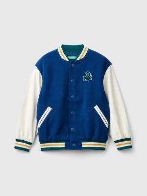 Benetton, Bomber Jacket In Wool Blend With Back Embroidery, size 2XL, Blue, Kids United Colors of Benetton