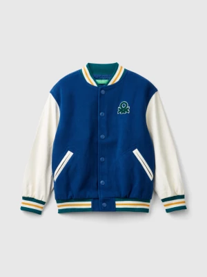 Benetton, Bomber Jacket In Wool Blend With Back Embroidery, size S, Blue, Kids United Colors of Benetton