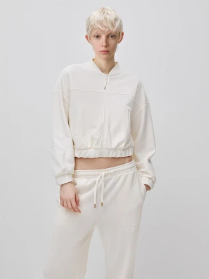 Benetton, Bomber-style Sweatshirt With Embroidery, Size: XS, Creamy White, Women United Colors of Benetton