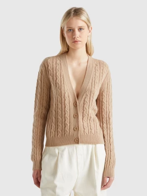 Benetton, Boxy Fit Cardigan With Cable Knit And Perforations, size L, Camel, Women United Colors of Benetton