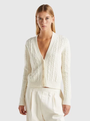 Benetton, Boxy Fit Cardigan With Cable Knit And Perforations, size L, Creamy White, Women United Colors of Benetton