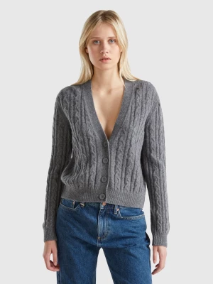 Benetton, Boxy Fit Cardigan With Cable Knit And Perforations, size L, Dark Gray, Women United Colors of Benetton