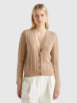 Benetton, Boxy Fit Cardigan With Cable Knit And Perforations, size S, Camel, Women United Colors of Benetton