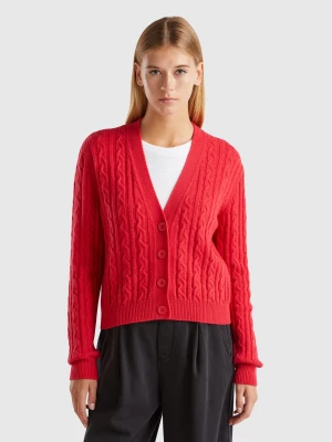 Benetton, Boxy Fit Cardigan With Cable Knit And Perforations, size XS, Red, Women United Colors of Benetton