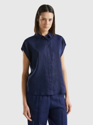 Benetton, Boxy Fit Shirt In Pure Linen, size M, Dark Blue, Women United Colors of Benetton