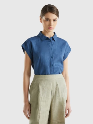 Benetton, Boxy Fit Shirt In Pure Linen, size XS, Air Force Blue, Women United Colors of Benetton