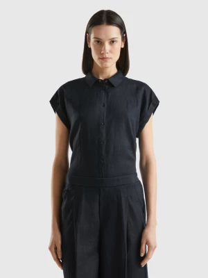 Benetton, Boxy Fit Shirt In Pure Linen, size XS, Black, Women United Colors of Benetton