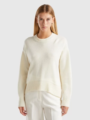 Benetton, Boxy Fit Sweater In Wool Blend, size L, Creamy White, Women United Colors of Benetton