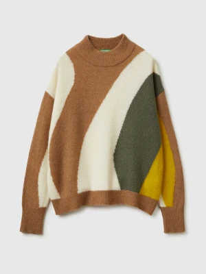Benetton, Boxy Fit Sweater With Inlay, Size: XS, Camel, Women United Colors of Benetton