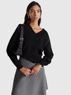 Benetton, Boxy Fit Sweater With V-neck, Size: XXS, Black, Women United Colors of Benetton