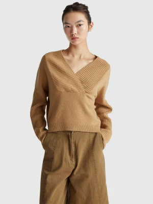 Benetton, Boxy Fit Sweater With V-neck, Size: XXS, Camel, Women United Colors of Benetton