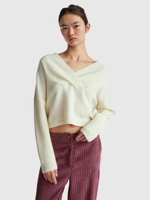 Benetton, Boxy Fit Sweater With V-neck, Size: XXS, Creamy White, Women United Colors of Benetton